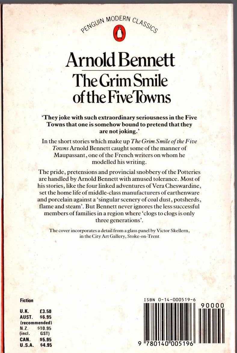 Arnold Bennett  THE GRIM SMILE OF THE FIVE TOWNS magnified rear book cover image