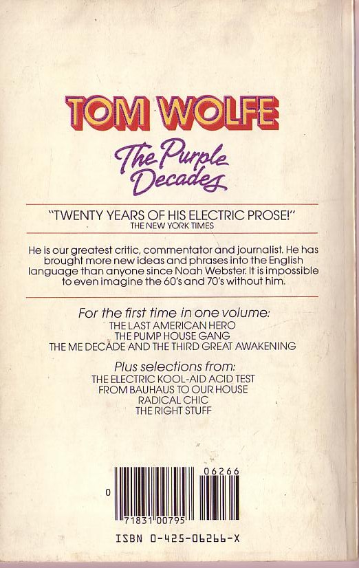 Tom Wolfe  THE PURPLE DECADES. A Reader magnified rear book cover image