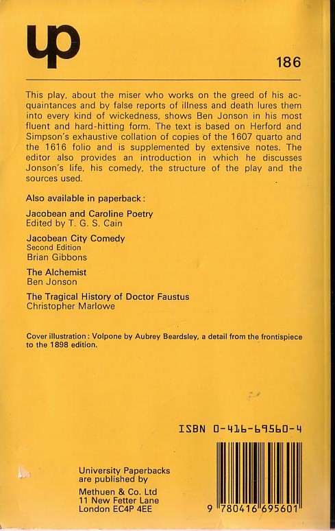 Ben Jonson VOLPONE or THE FOX. Edited by David Cook<BR>
 . .Methuen rpt.1984 rear cover image