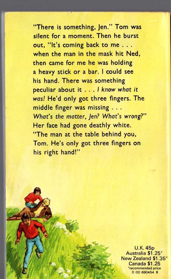 Malcolm Saville  MAN WITH THREE FINGERS magnified rear book cover image