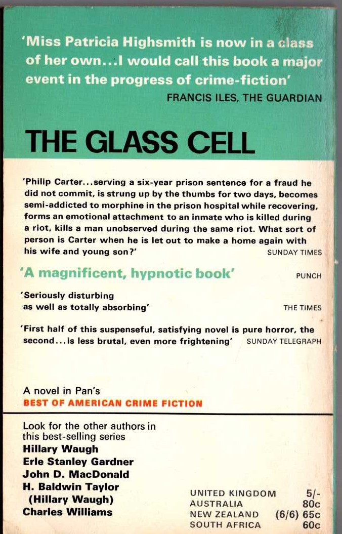 Patricia Highsmith  THE GLASS CELL magnified rear book cover image