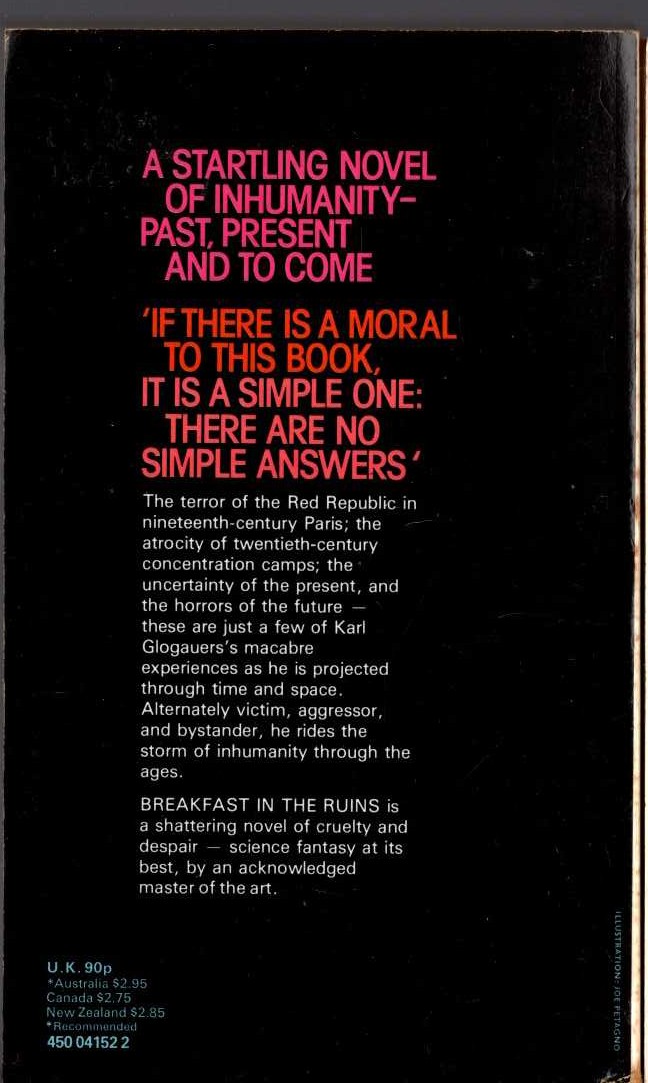 Michael Moorcock  BREAKFAST IN THE RUINS magnified rear book cover image