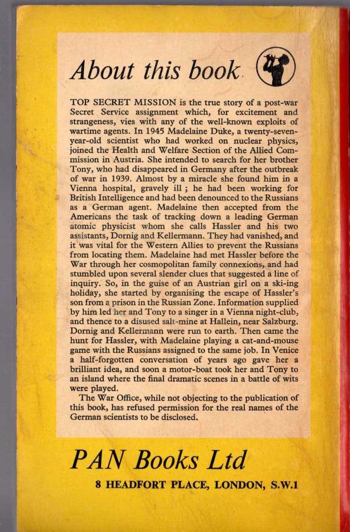 Madelaine Duke  TOP SECRET MISSION magnified rear book cover image