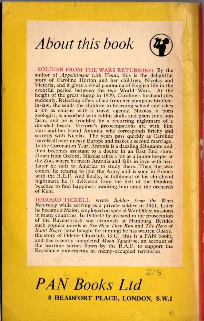 Jerrard Tickell  SOLDIER FORM THE WARS RETURNING magnified rear book cover image