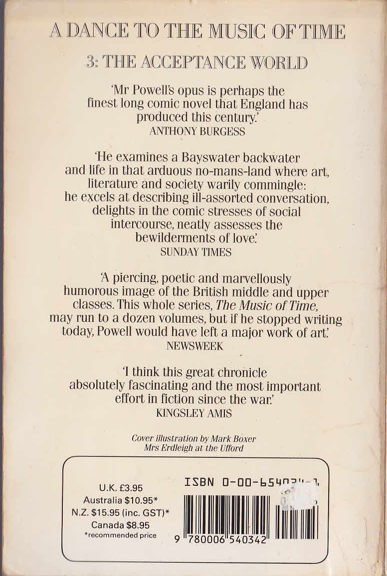 Anthony Powell  THE ACCEPTANCE WORLD magnified rear book cover image