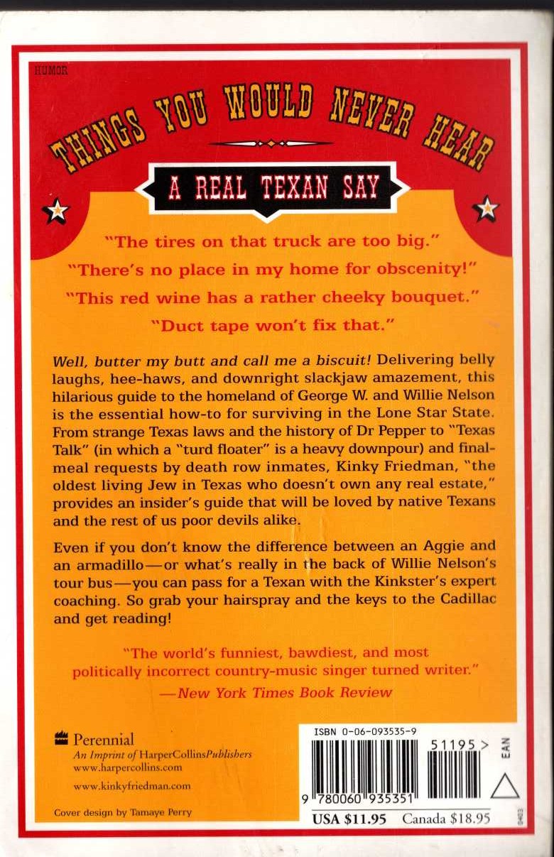 Kinky Friedman  GUIDE TO TEXAS ETIQUETTE magnified rear book cover image