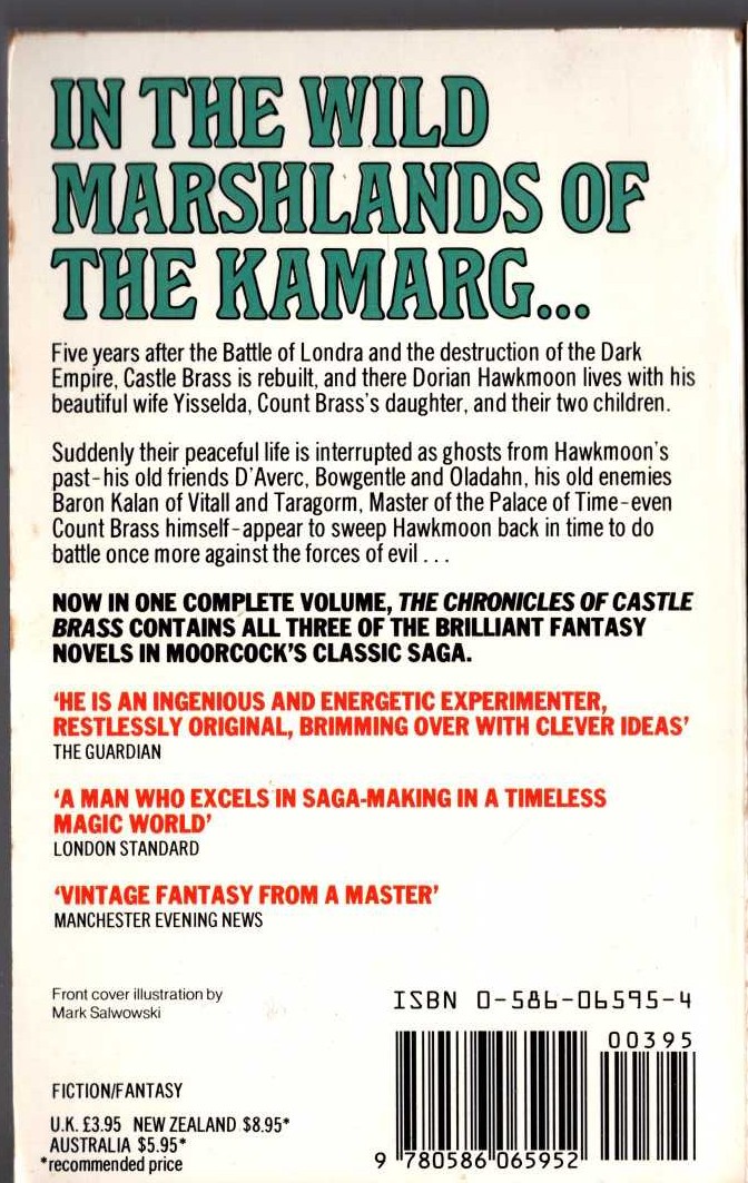 Michael Moorcock  THE CHRONICLES OF CASTLE BRASS: COUNT BRASS/ THE CHAMPION OF GARATHORM/ THE QUEST FOR TANELORN magnified rear book cover image