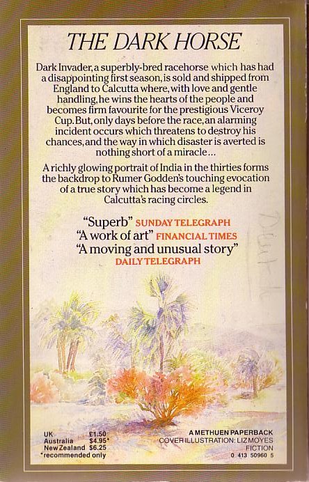 Rumer Godden  THE DARK HORSE magnified rear book cover image