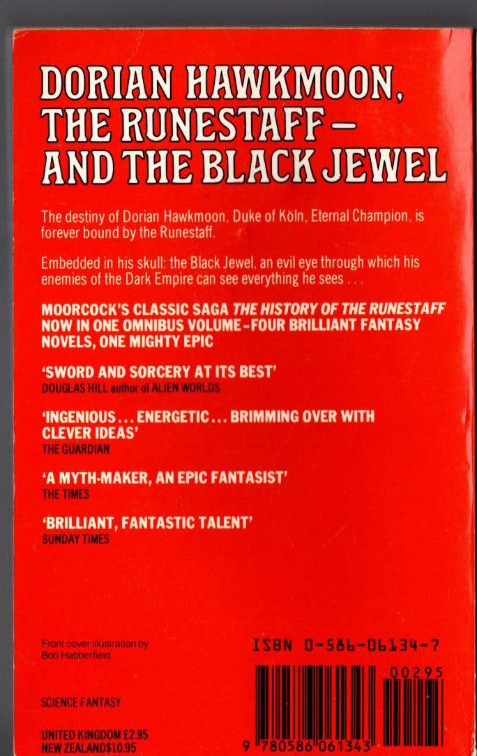 Michael Moorcock  THE HISTORY OF THE RUNESTAFF: THE JEWEL IN THE SKULL/ THE MAD GOD'S AMULET/ THE SWORD OF THE DAWN/ THE RUNESTAFF magnified rear book cover image
