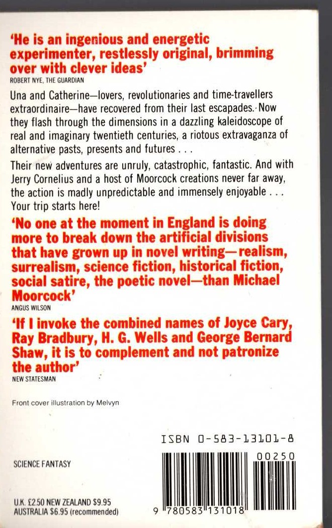 Michael Moorcock  THE ADVENTURES OF UNA PERSSON AND CATHERINE CORNELIUS IN THE TWENTIETH CENTURY magnified rear book cover image