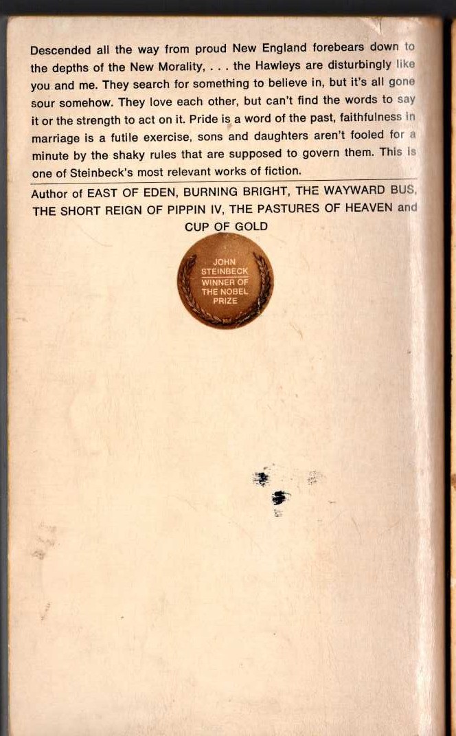 John Steinbeck  THE WINTER OF OUR DISCONTENT magnified rear book cover image