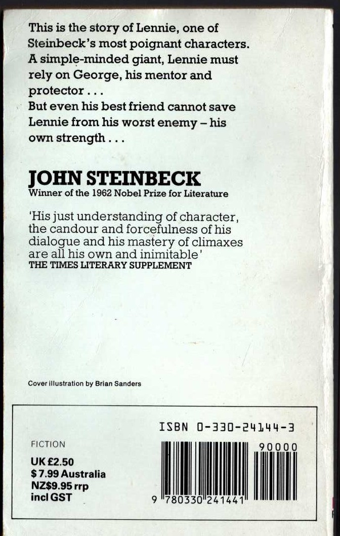 John Steinbeck  OF MICE AND MEN magnified rear book cover image