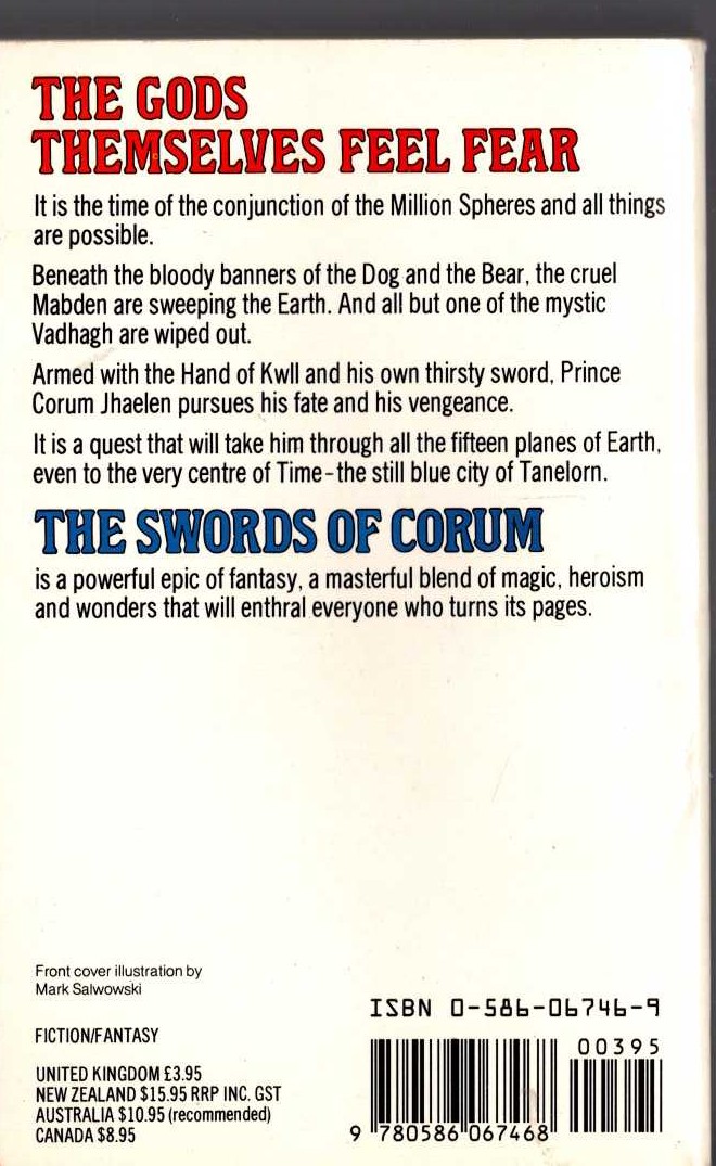Michael Moorcock  THE SWORDS OF CORUM: THE KNIGHT OF THE SWORDS/ THE QUEEN OF THE SWORDS/ THE KING OF THE SWORDS magnified rear book cover image