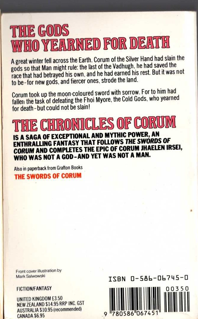 Michael Moorcock  THE CHRONICLES OF CORUM: THE BULL AND THE SPEAR/ THE OAK AND THE RAM/ THE SWORD AND THE STALLION magnified rear book cover image