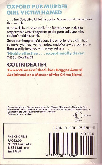 Colin Dexter  LAST BUS TO WOODSTOCK (John Thaw) magnified rear book cover image