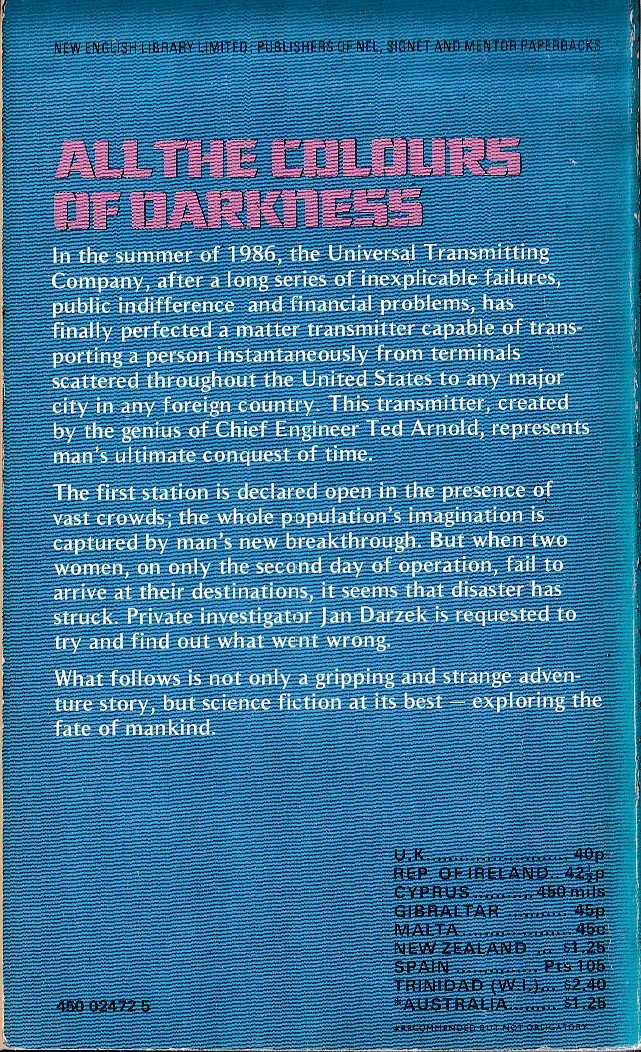 Lloyd Biggle  ALL THE COLOURS OF DARKNESS magnified rear book cover image
