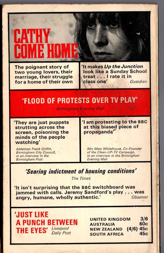 Jeremy Sandford  CATHY COME HOME magnified rear book cover image