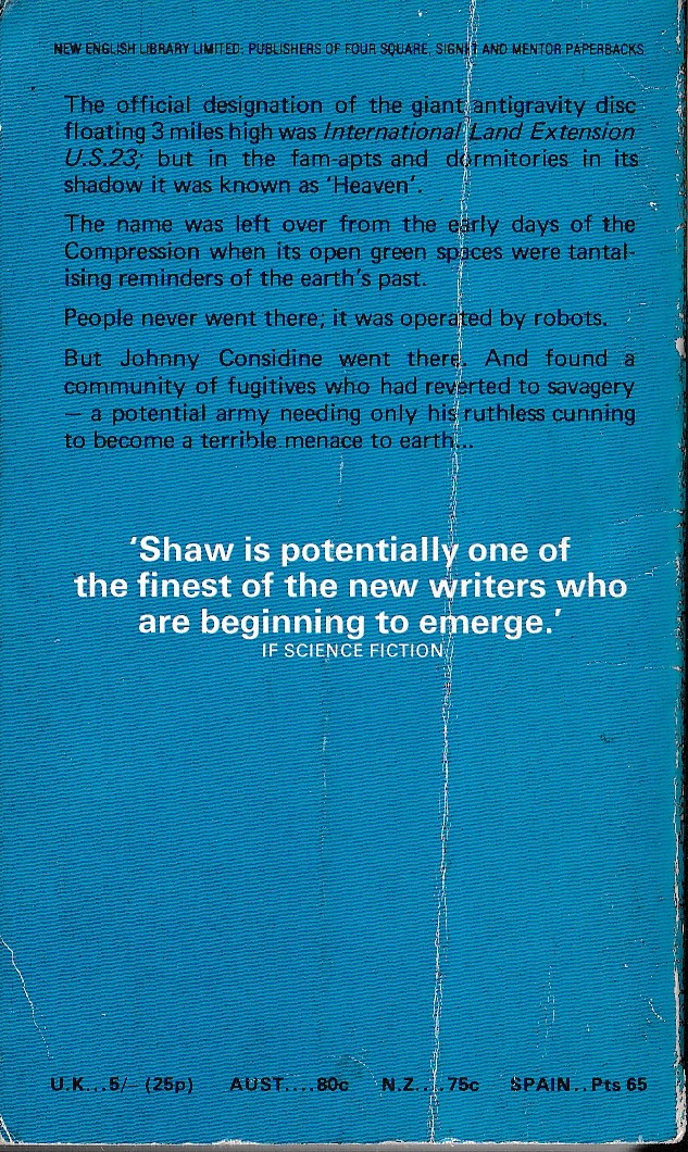 Bob Shaw  SHADOW OF HEAVEN magnified rear book cover image