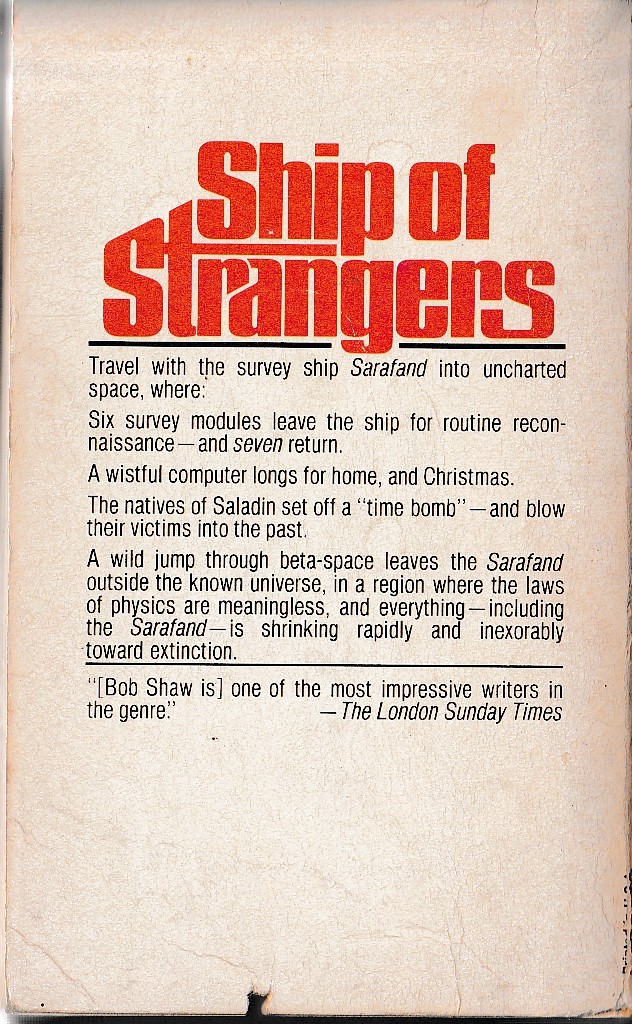 Bob Shaw  SHIP OF STRANGERS magnified rear book cover image