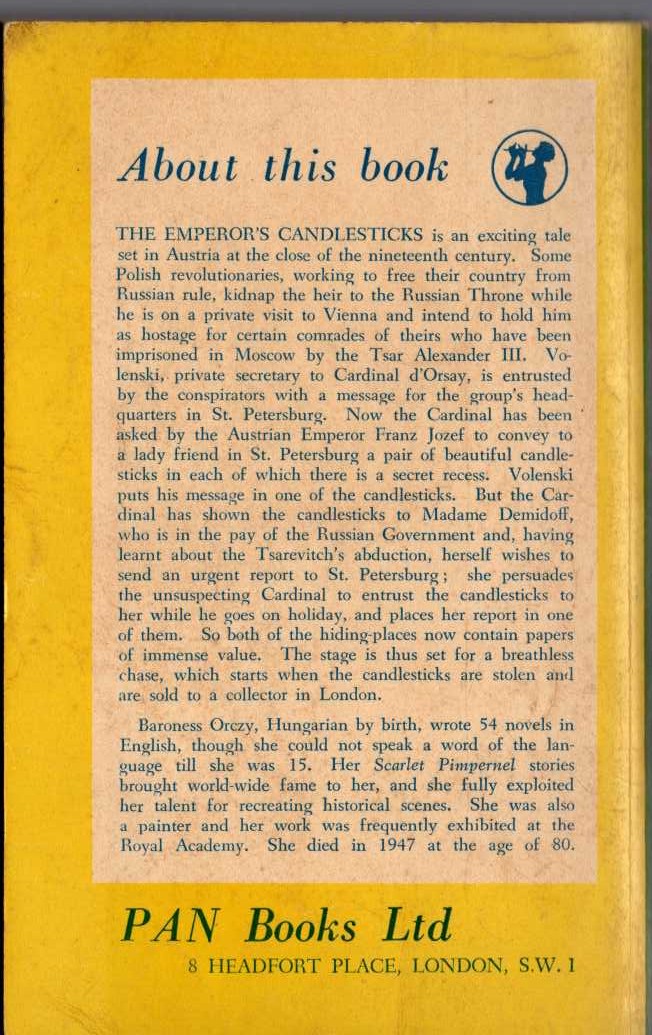 Baroness Orczy  THE EMPEROR'S CANDLESTICKS magnified rear book cover image