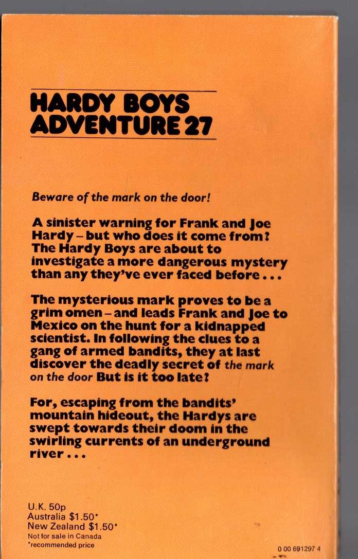 Franklin W. Dixon  THE HARDY BOYS: THE MARK ON THE DOOR magnified rear book cover image