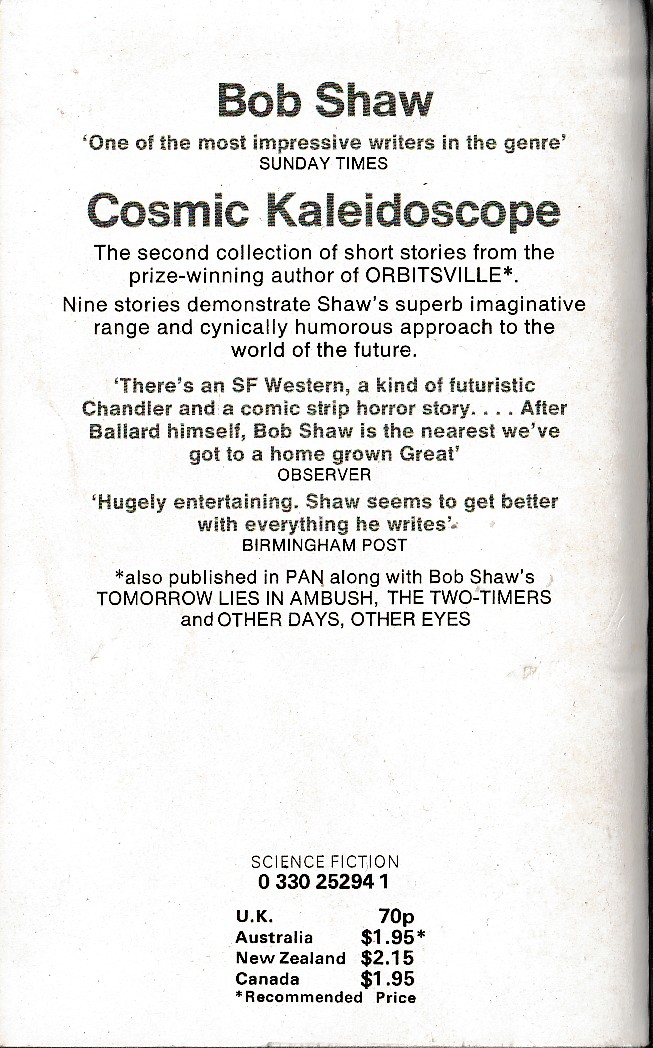 Bob Shaw  COSMIC KALEIDOSCOPE magnified rear book cover image