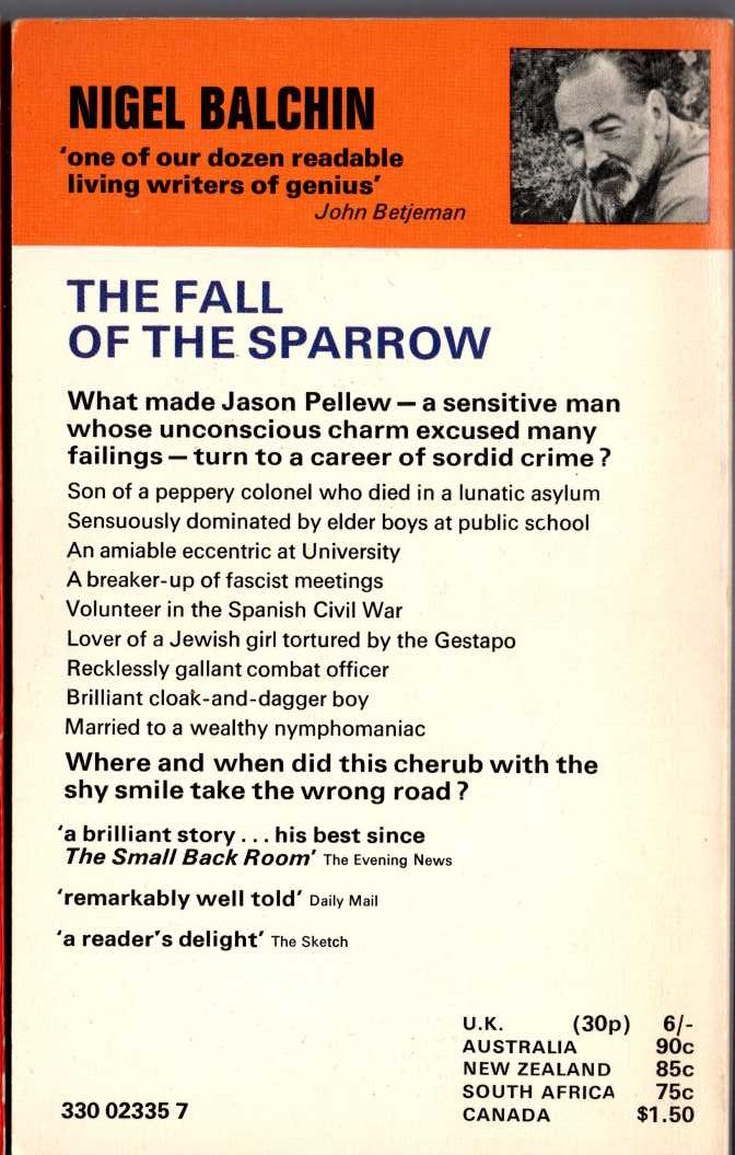 Nigel Balchin  THE FALL OF THE SPARROW magnified rear book cover image