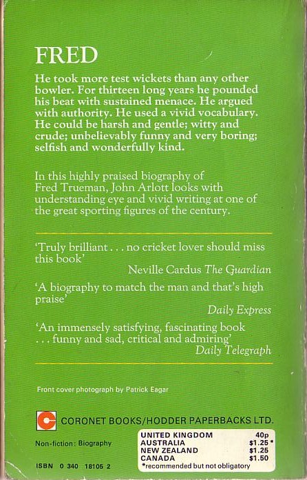 John Arlott FRED. portrait of a fast bowler<BR>
 . .Coronet 1974 rear cover image