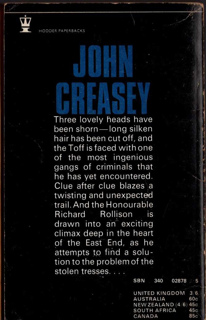 John Creasey  THE TOFF AND THE STOLEN TRESSES magnified rear book cover image