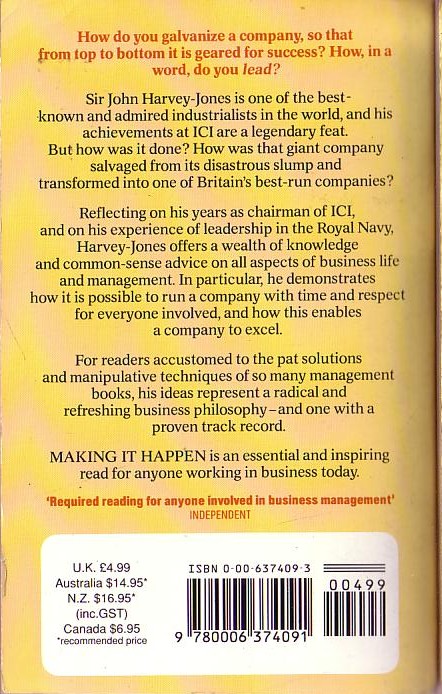 John Harvey-Jones  MAKING IT HAPPEN. Reflections on Leadership magnified rear book cover image