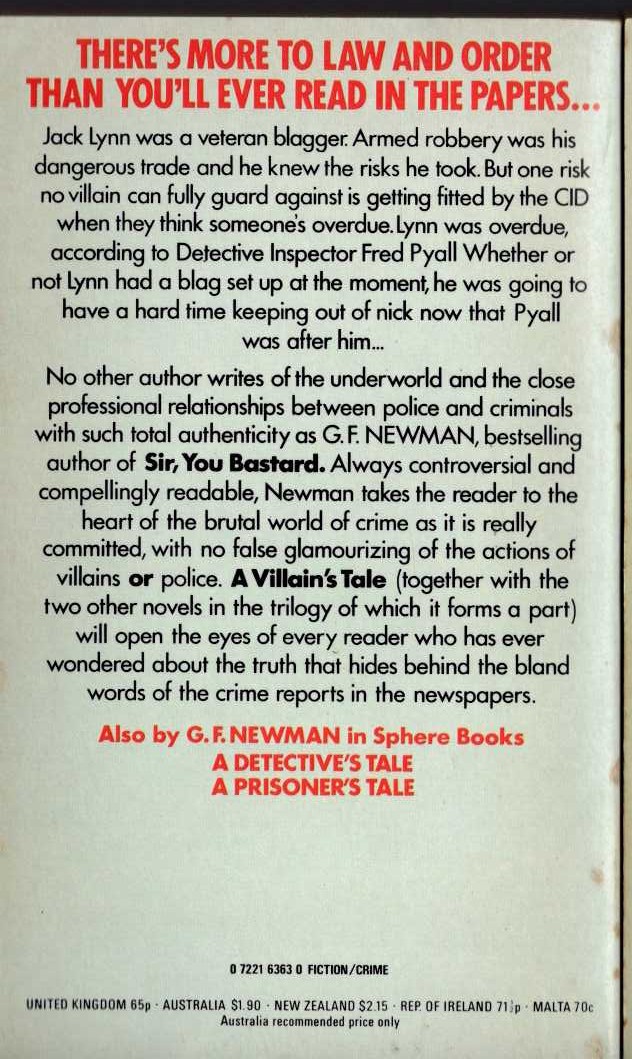 G.F. Newman  A VILLAIN'S TALE magnified rear book cover image