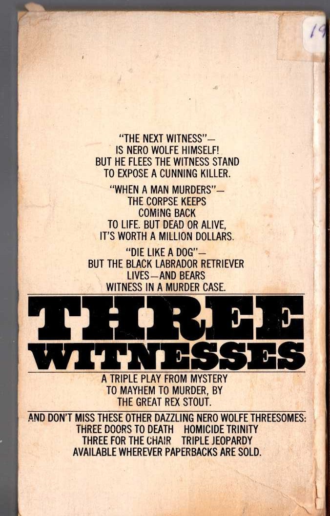 Rex Stout  THREE WITNESSES magnified rear book cover image