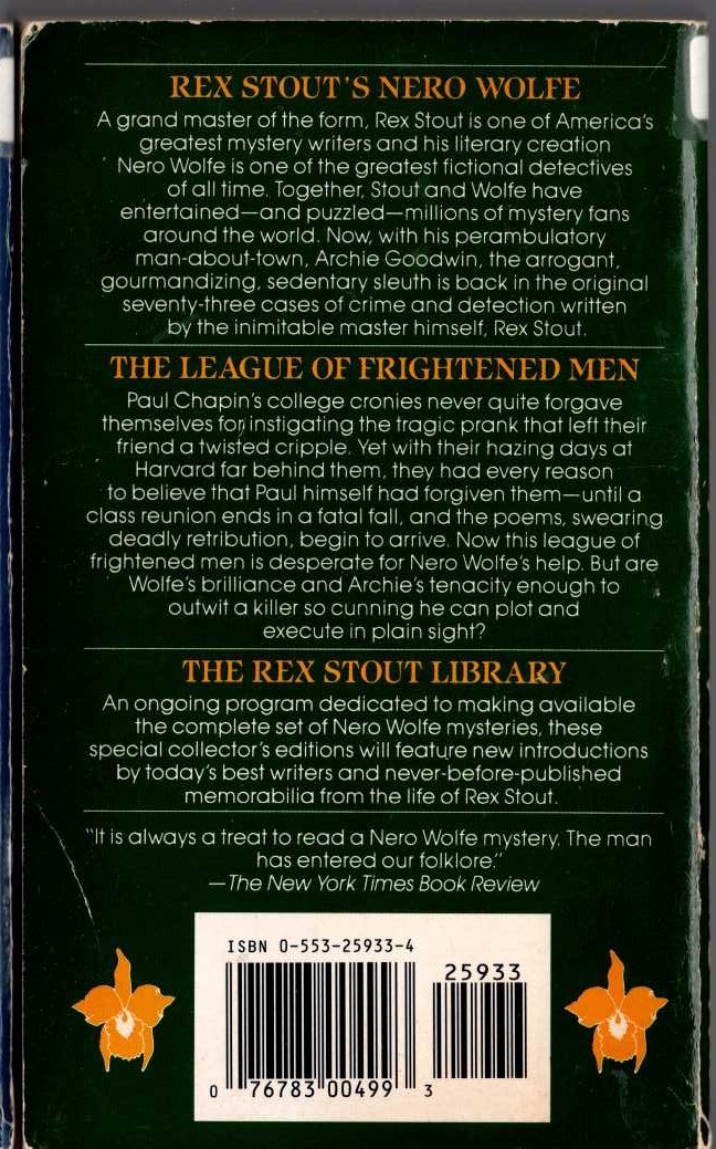 Rex Stout  THE LEAGUE OF FRIGHTENED MEN magnified rear book cover image