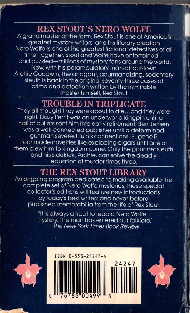 Rex Stout  TROUBLE IN TRIPLICATE magnified rear book cover image