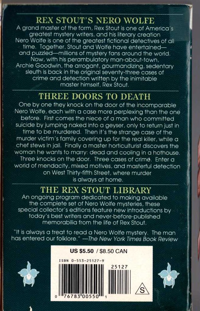 Rex Stout  THREE DOORS TO DEATH magnified rear book cover image