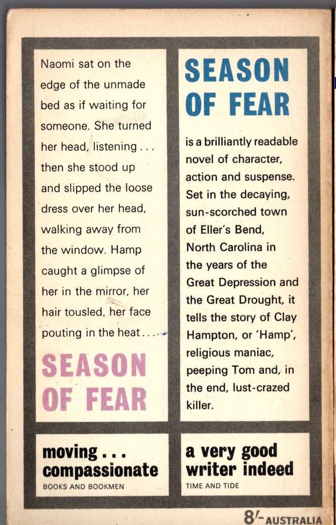 Guy Owen  SEASON OF FEAR magnified rear book cover image