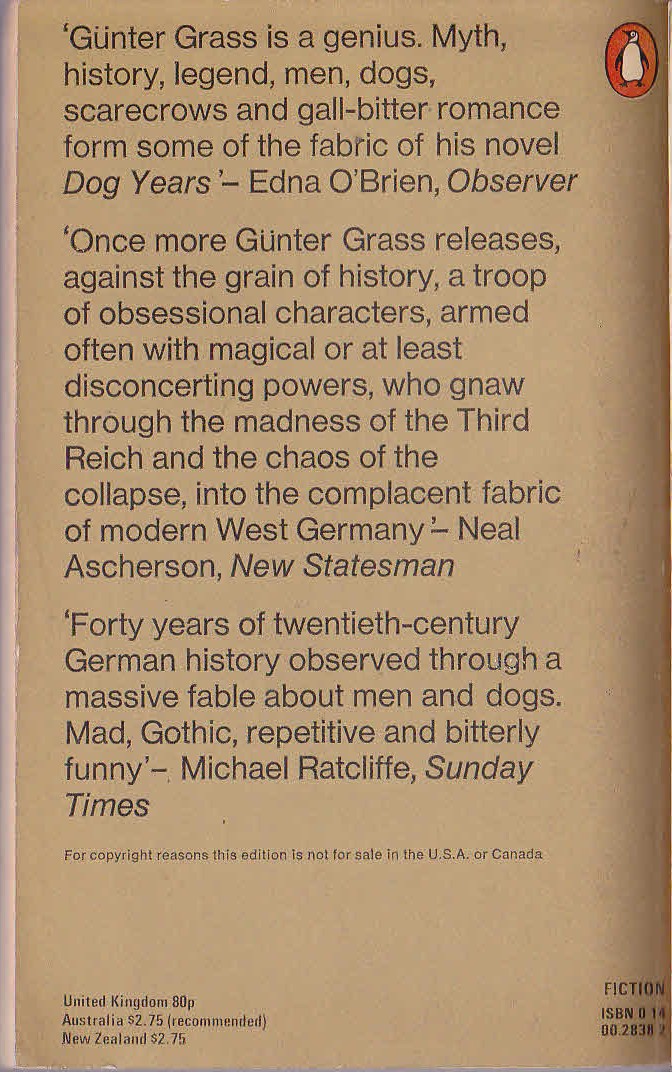 Gunter Grass  DOG YEARS magnified rear book cover image