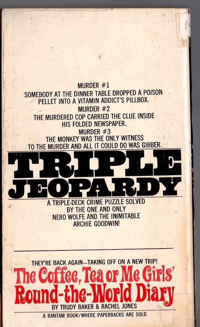 Rex Stout  TRIPLE JEOPARDY magnified rear book cover image