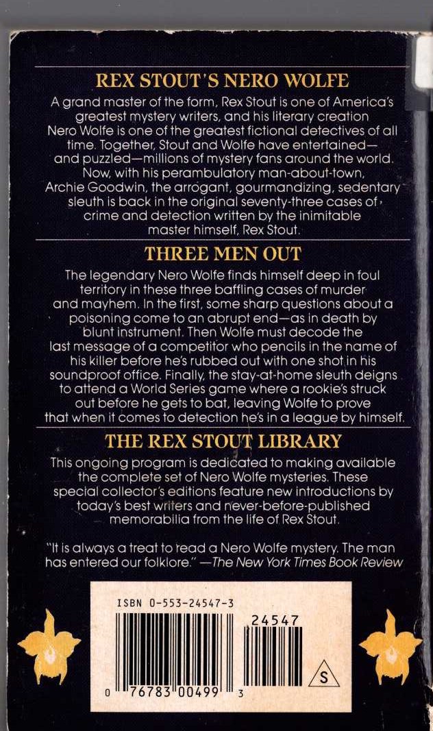 Rex Stout  THREE MEN OUT magnified rear book cover image