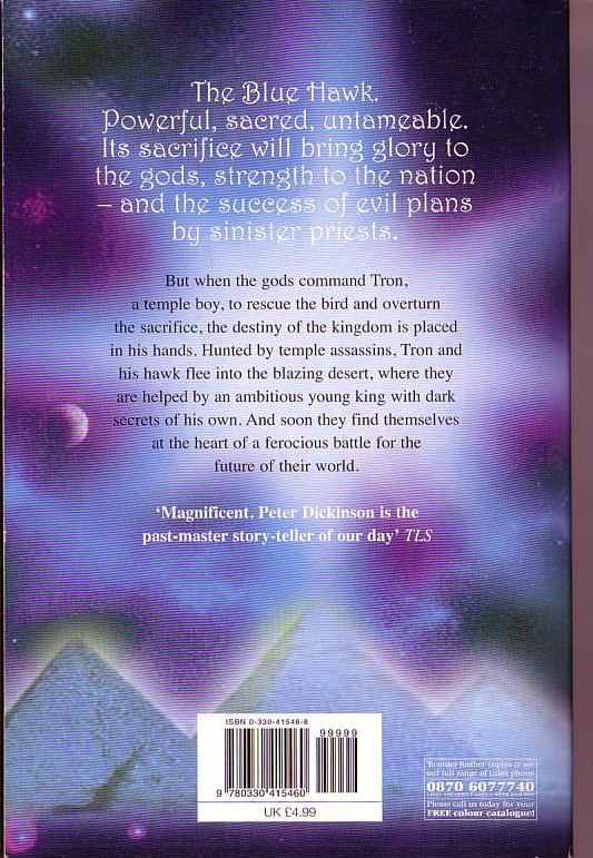 Peter Dickinson  THE BLUE HAWK magnified rear book cover image