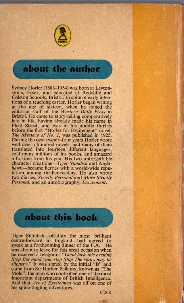 Sydney Horler  TIGER STANDISH STEPS ON IT magnified rear book cover image