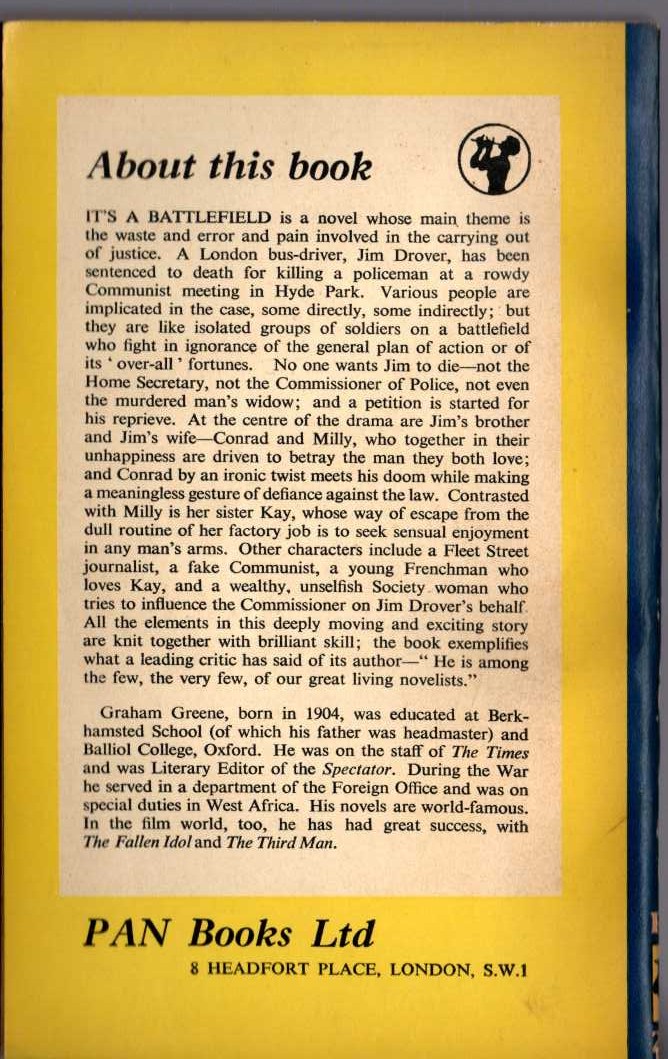 Graham Greene  IT'S A BATTLEFIELD magnified rear book cover image