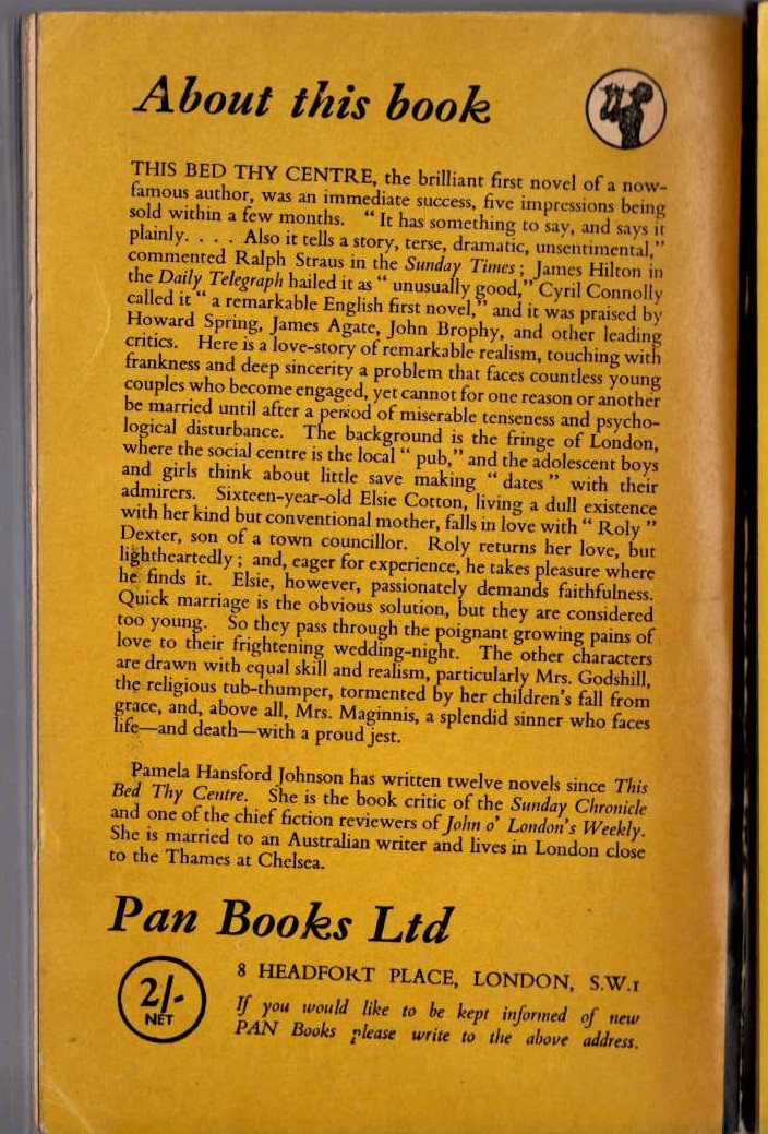 Pamela Hansford Johnson  THIS BED THY CENTRE magnified rear book cover image