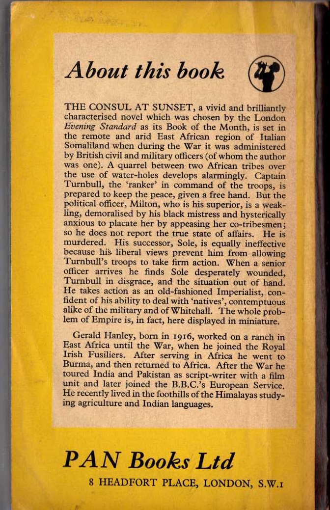 Gerald Hanley  THE CONSUL AT SUNSET magnified rear book cover image