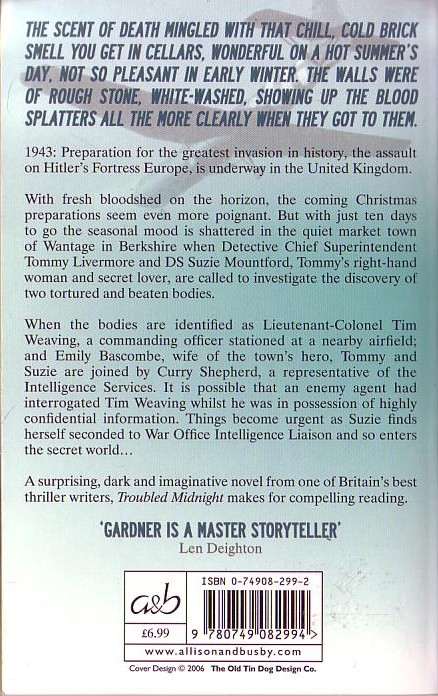 John Gardner  TROUBLED MIDNIGHT magnified rear book cover image