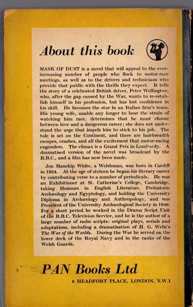 Jon Manchip White  MASK OF DUST magnified rear book cover image