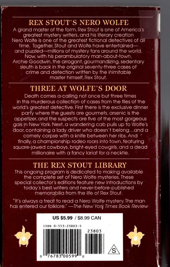 Rex Stout  THREE AT WOLFE'S DOOR magnified rear book cover image