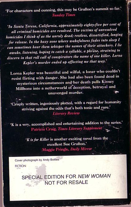 Sue Grafton  K.. IS FOR KILLER magnified rear book cover image