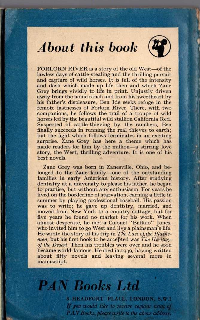 Zane Grey  FORLORN RIVER magnified rear book cover image