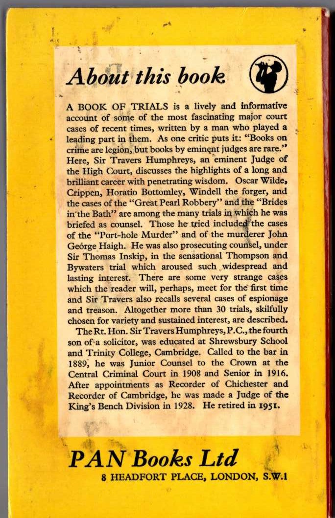 Sir Travers Humphreys  A BOOK OF TRIALS magnified rear book cover image